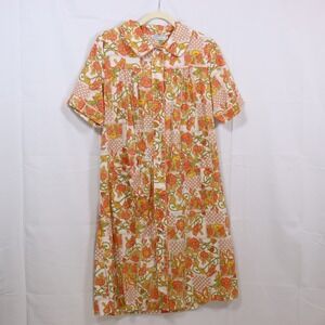 K-Mart Housecoat S Orange Floral Butterfly Vintage Snap Front Robe Womens 70s